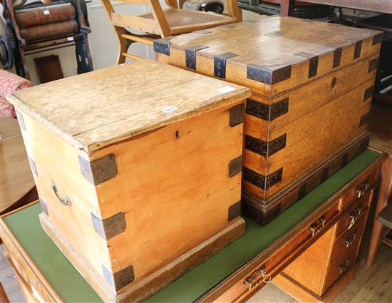 An iron bound oak silver chest and a pine trunk, 69cm and 45cm